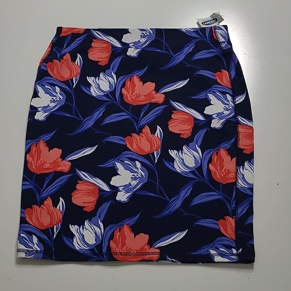 NEW STRETCH WAIST BAND tulip floral red white blue knit pencil skirt S SMALL NWT